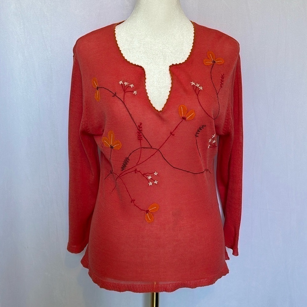 Anthropologie Sheer Sweater Size M Coral Floral Embroidery Crochet Neckline Trim